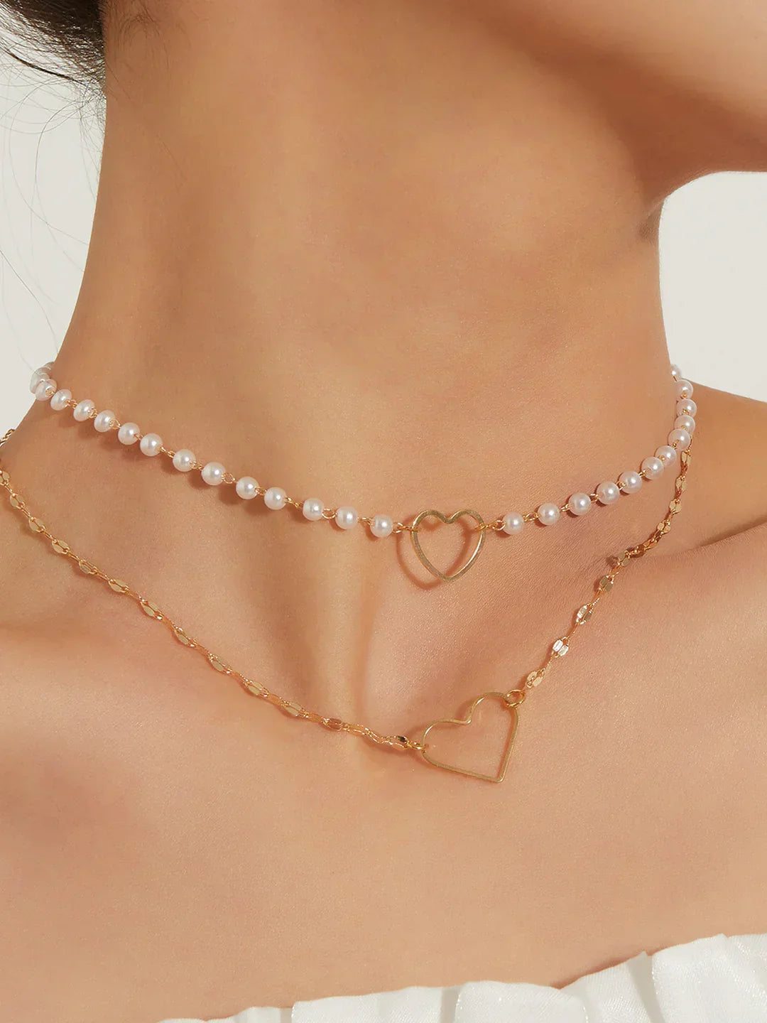 Layered Pearl Heart Charm Necklace