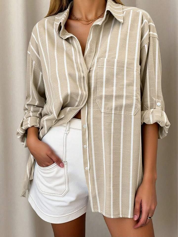 Beige Striped Button-Down Relaxed Shirt