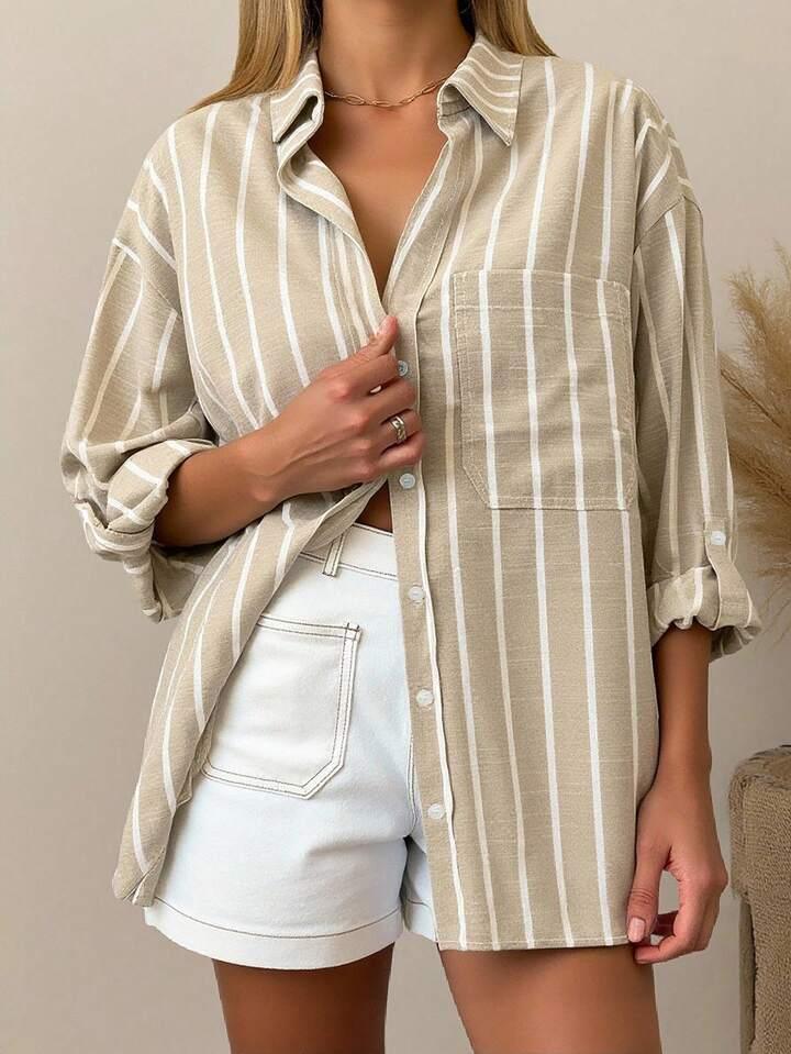 Beige Striped Button-Down Relaxed Shirt