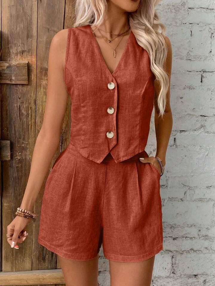 Linen Single-Breasted Button Vest And Shorts Set