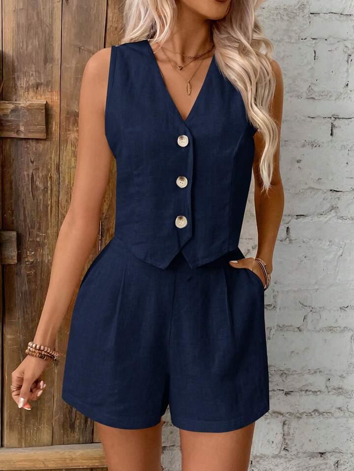 Linen Single-Breasted Button Vest And Shorts Set