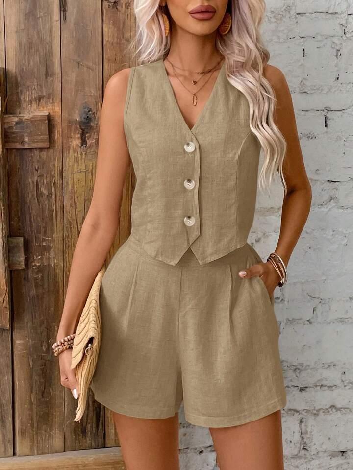 Linen Single-Breasted Button Vest And Shorts Set