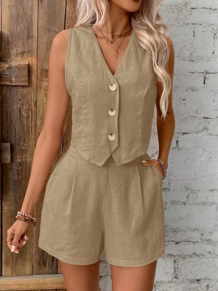 Linen Single-Breasted Button Vest And Shorts Set