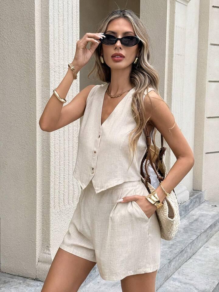 Linen Single-Breasted Button Vest And Shorts Set