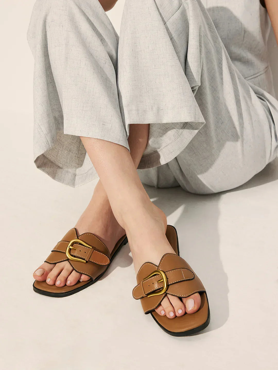 Always Chic Buckled Strap Slide Sandals