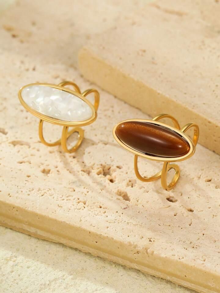 2-Piece Tiger Eye & White Stone Ring Set