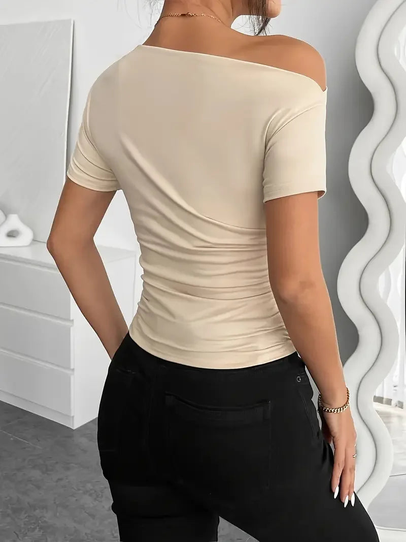 Slim-fit Pleating Irregular Short-sleeved Top