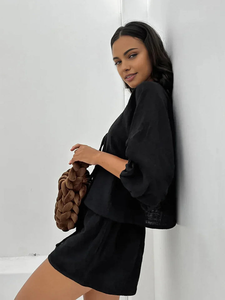 Cotton Tie-Front Long Sleeve Shorts Matching Set