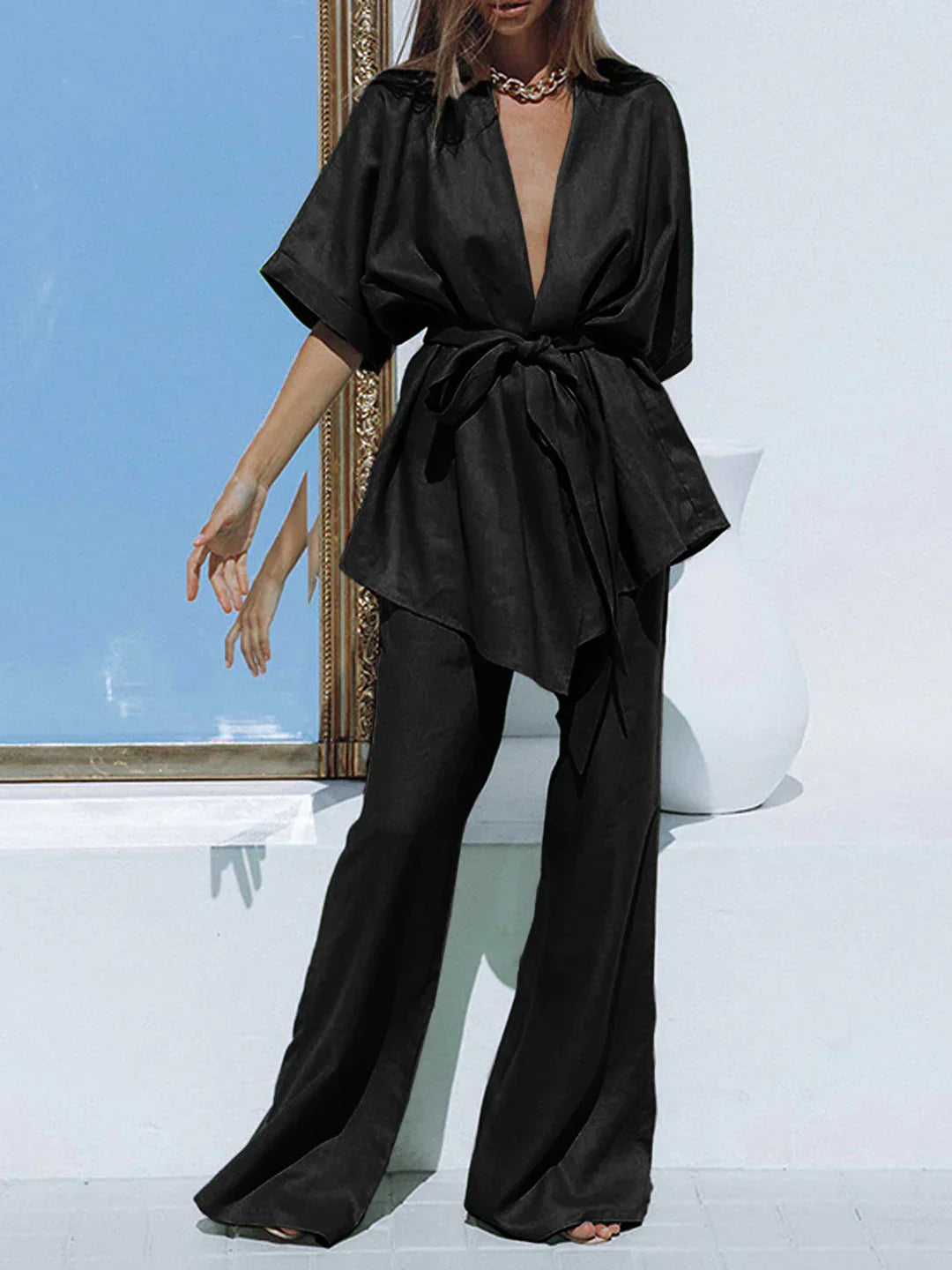 Belt Design Oversized Linen Tied Two Piece Pants Set