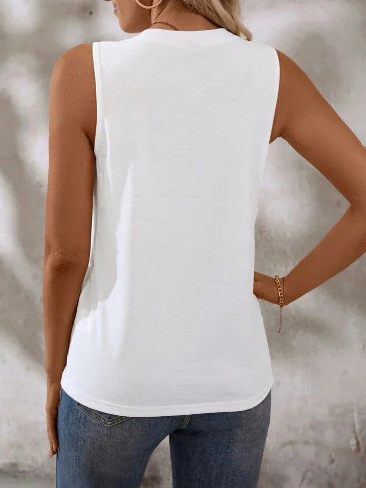 Solid Color Round-Neck Pleated Casual Tank Top