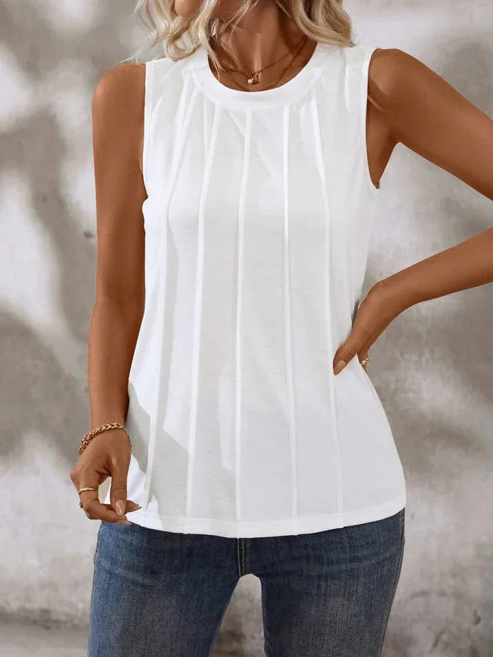 Solid Color Round-Neck Pleated Casual Tank Top