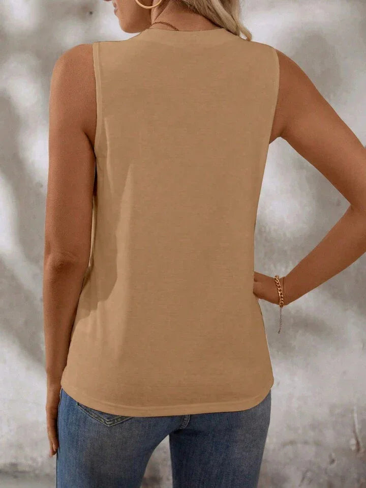 Solid Color Round-Neck Pleated Casual Tank Top