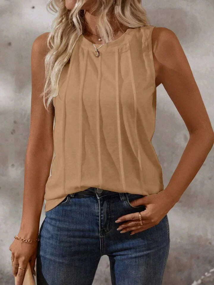 Solid Color Round-Neck Pleated Casual Tank Top