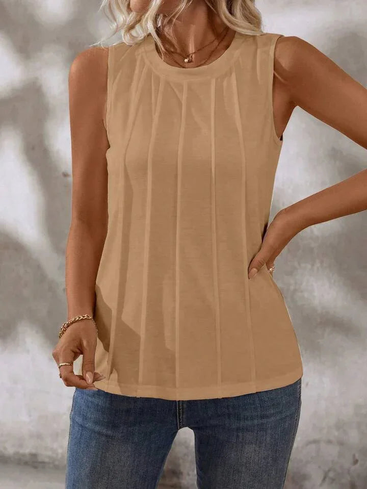 Solid Color Round-Neck Pleated Casual Tank Top