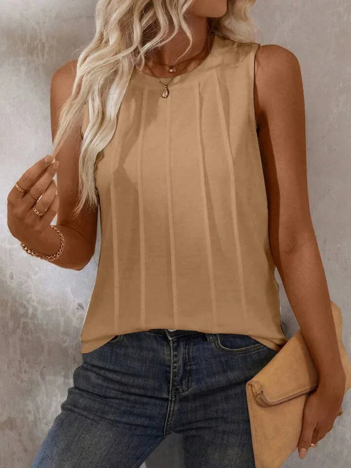 Solid Color Round-Neck Pleated Casual Tank Top