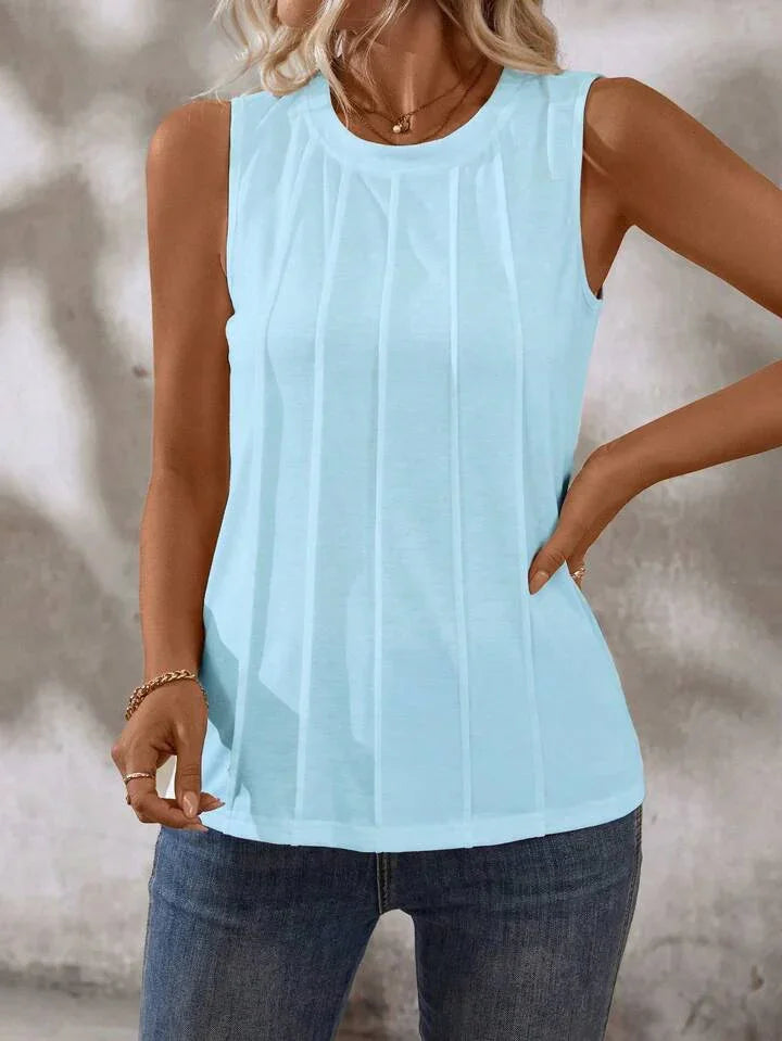 Solid Color Round-Neck Pleated Casual Tank Top
