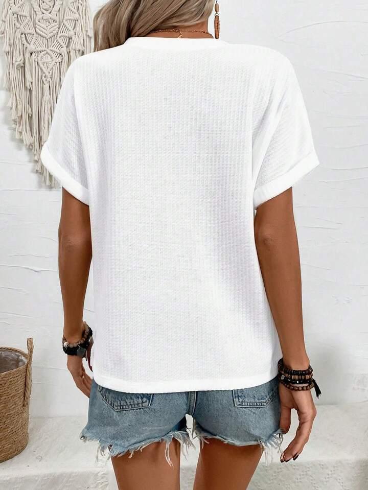 Batwing Sleeve Solid Color V-neck Button Top