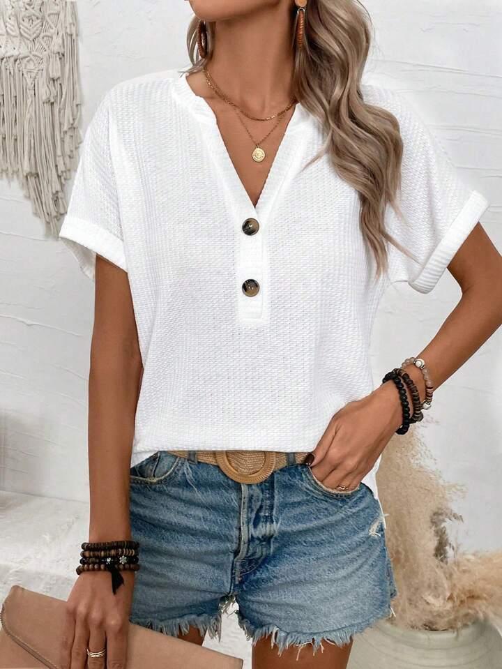 Batwing Sleeve Solid Color V-neck Button Top