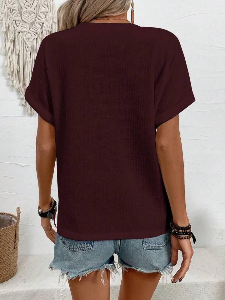 Batwing Sleeve Solid Color V-neck Button Top