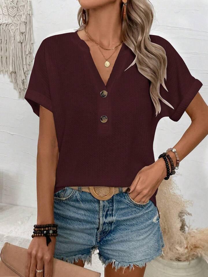 Batwing Sleeve Solid Color V-neck Button Top