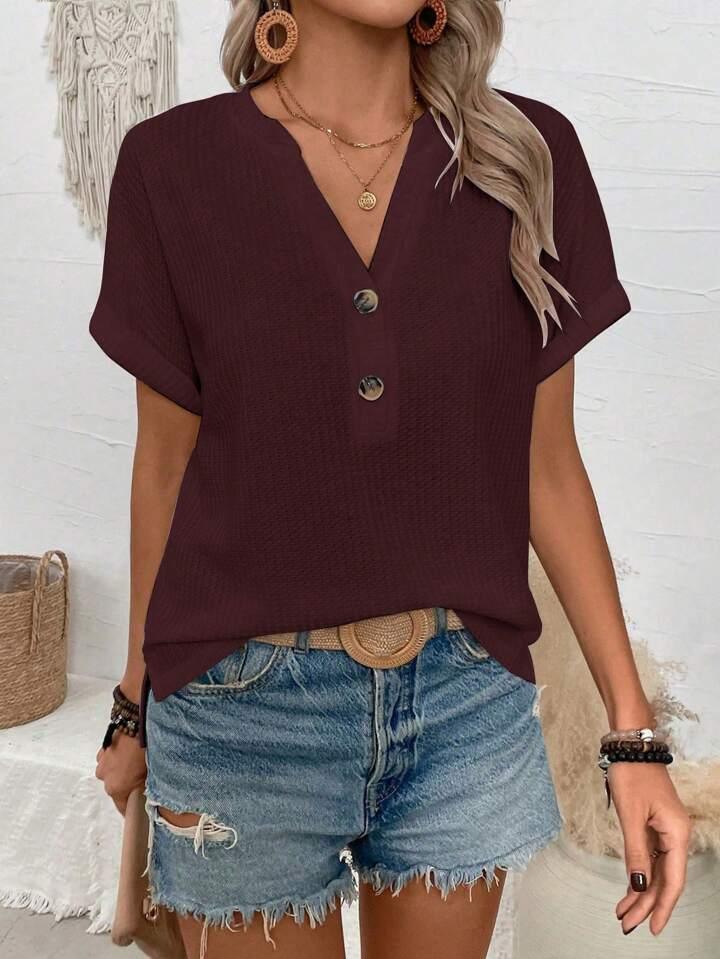 Batwing Sleeve Solid Color V-neck Button Top