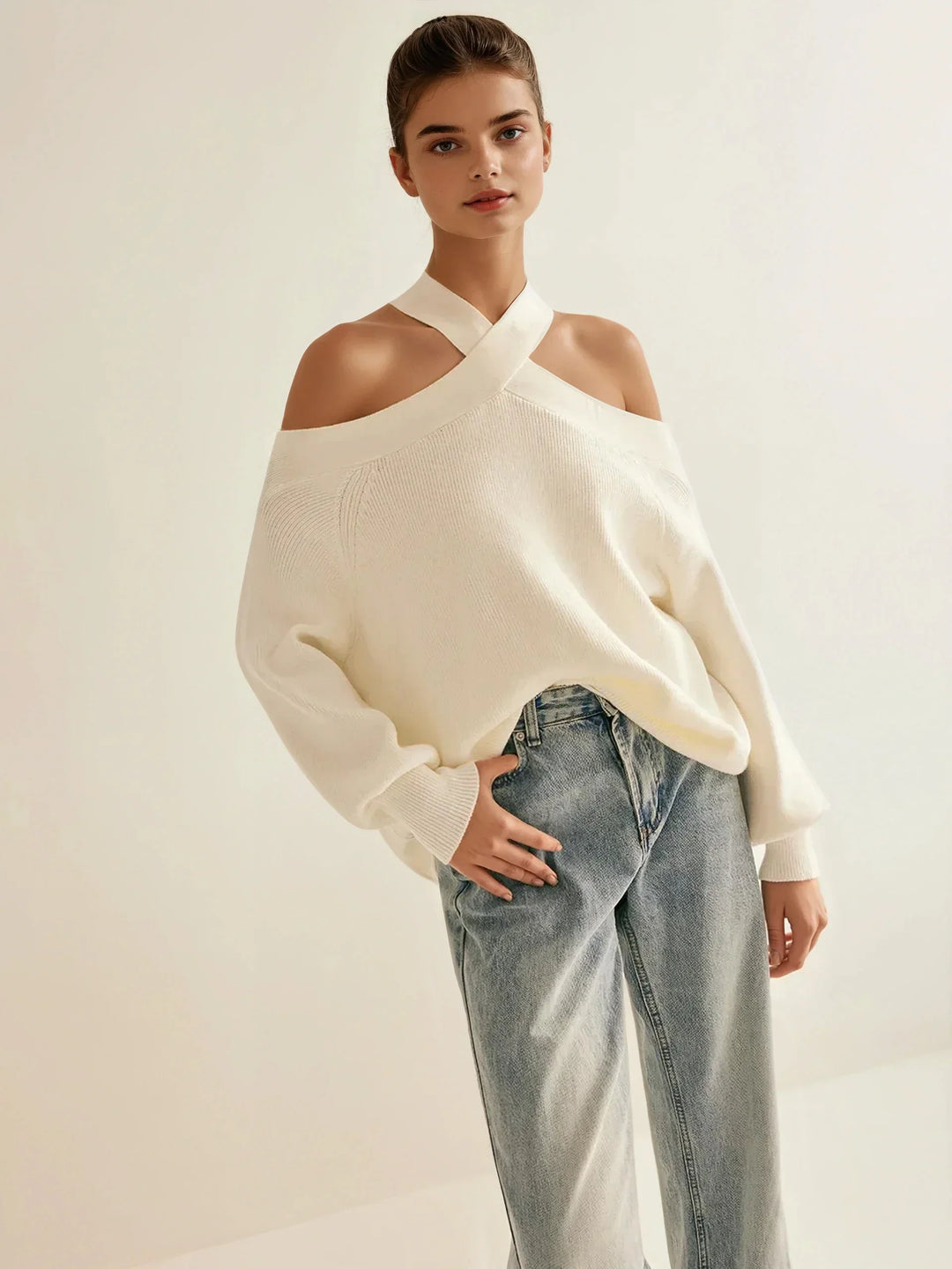 Off-Shoulder Crisscross Knit Sweater Top