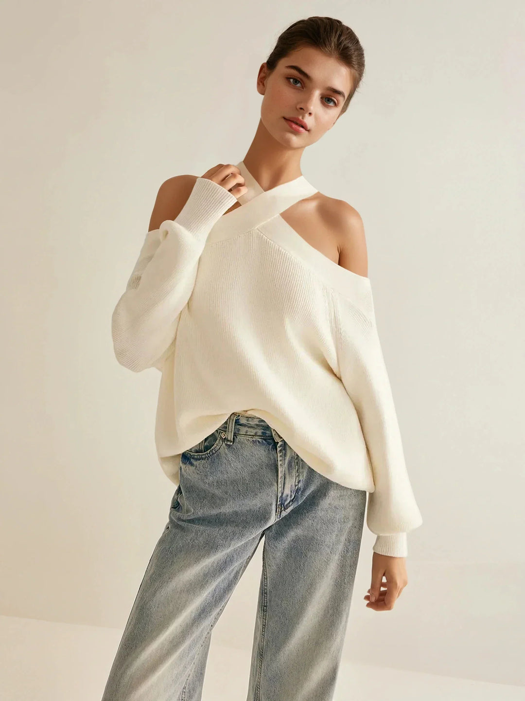 Off-Shoulder Crisscross Knit Sweater Top