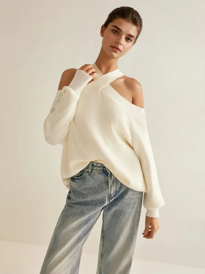 Off-Shoulder Crisscross Knit Sweater Top