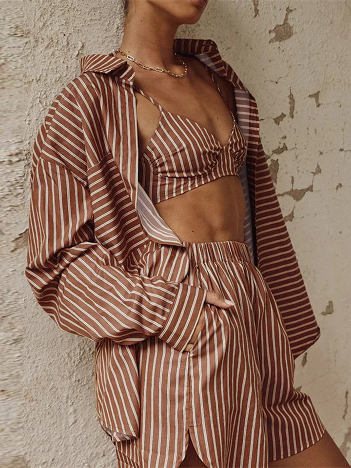 Single-breasted Long Sleeve Lapel Stripe Three Piece Shorts Set