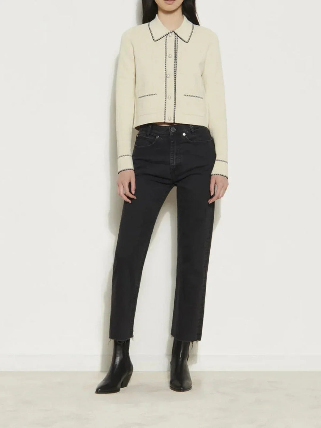 Exquisite Pearl Button Check Lace Knitted Cardigan