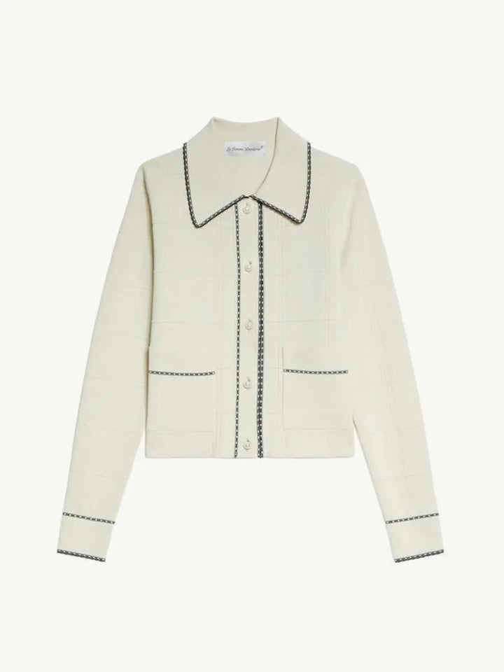 Exquisite Pearl Button Check Lace Knitted Cardigan