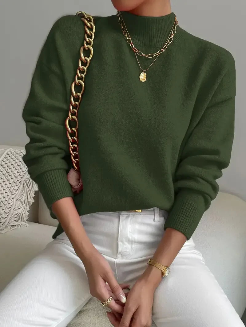 Half Turtleneck Solid Color Long Sleeve Knitted Sweater