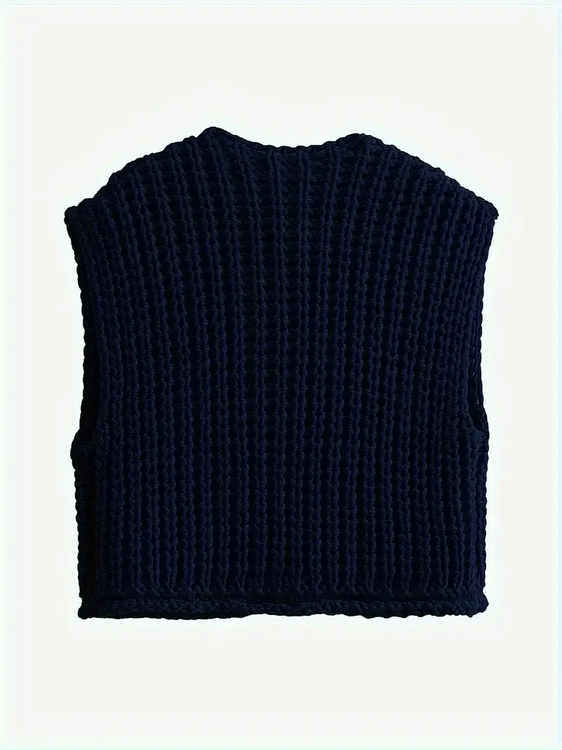 Pocket Sleeveless Short Knitted Cardigan Vest