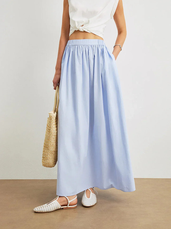 Blue Cotton A-Line Skirt With Pockets