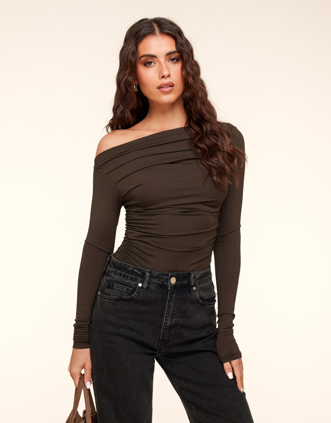 Brown Draped Off Shoulder - Top