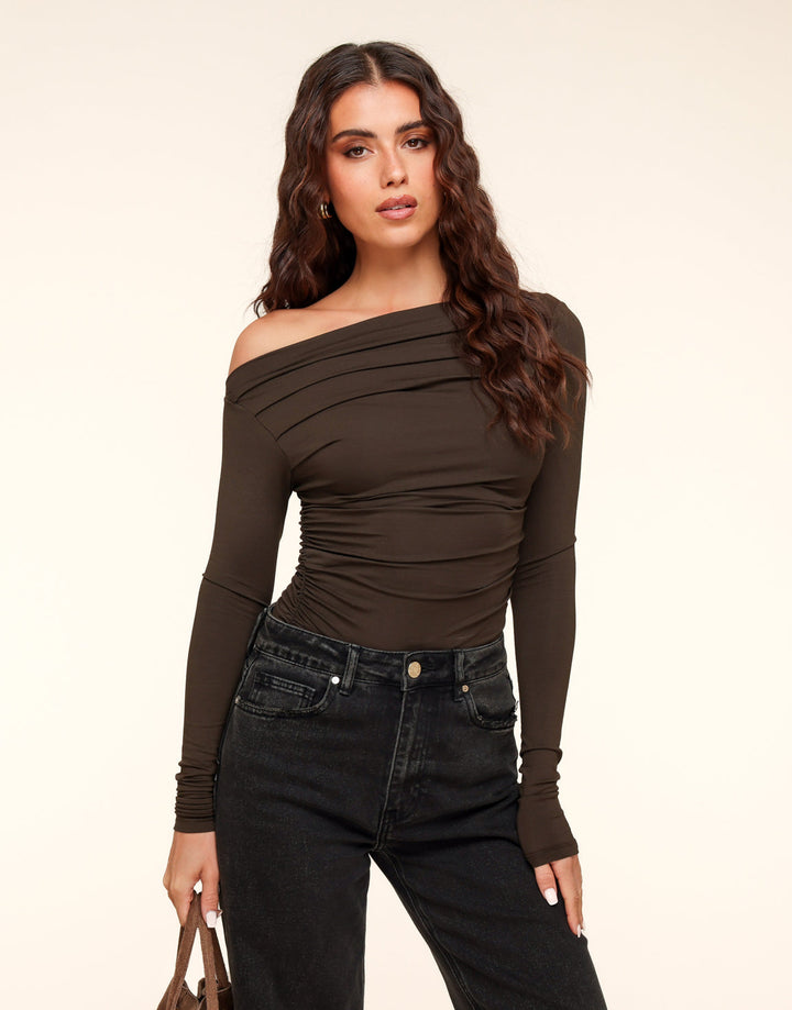 Brown Draped Off Shoulder - Top