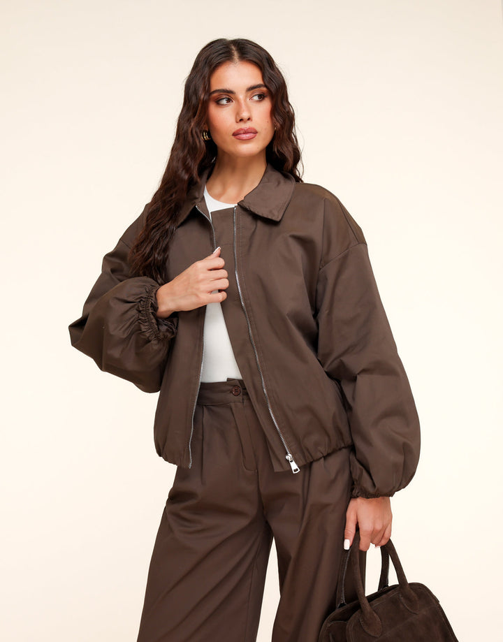 Dark Brown High Collar Bomber Jacket