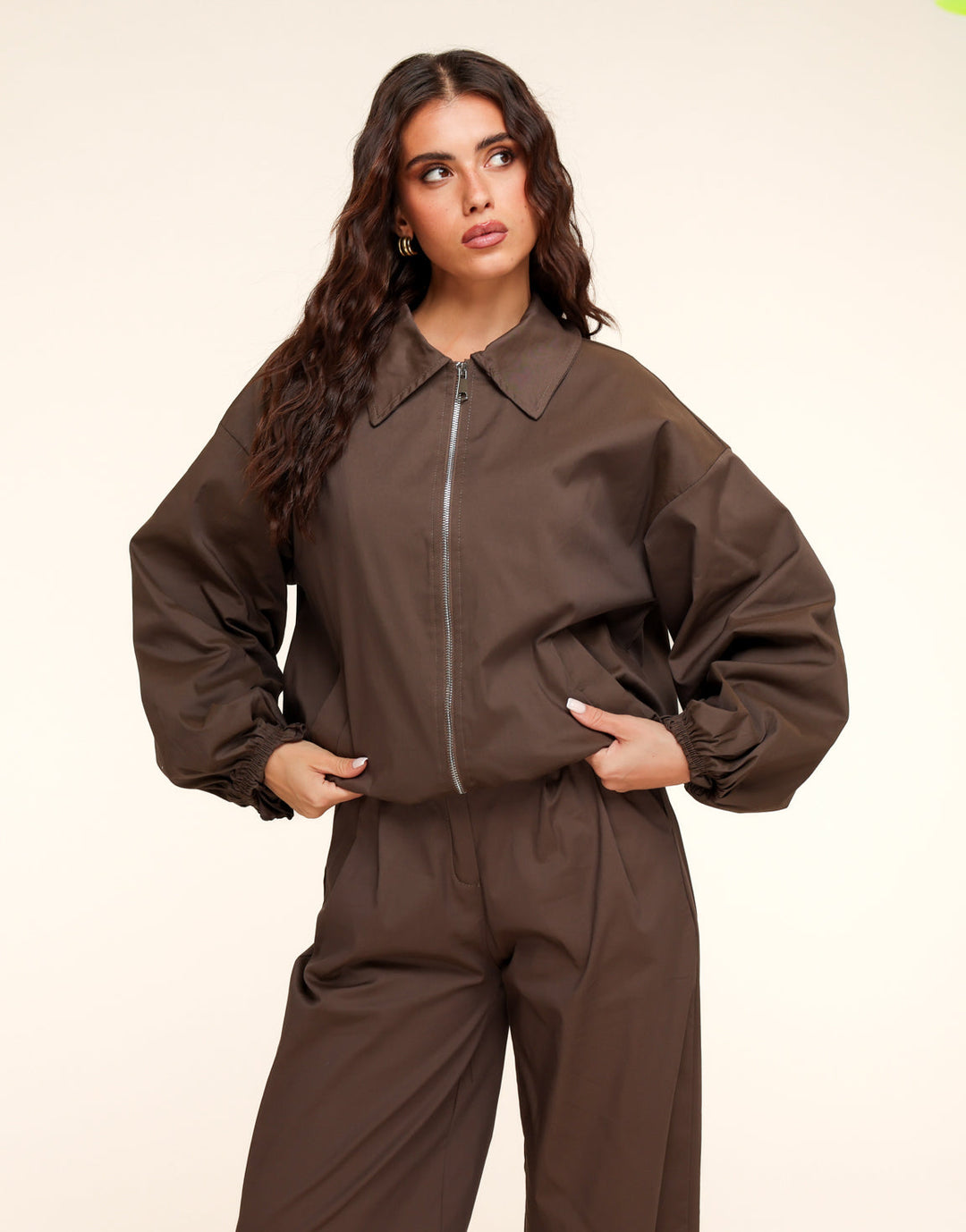 Dark Brown High Collar Bomber Jacket