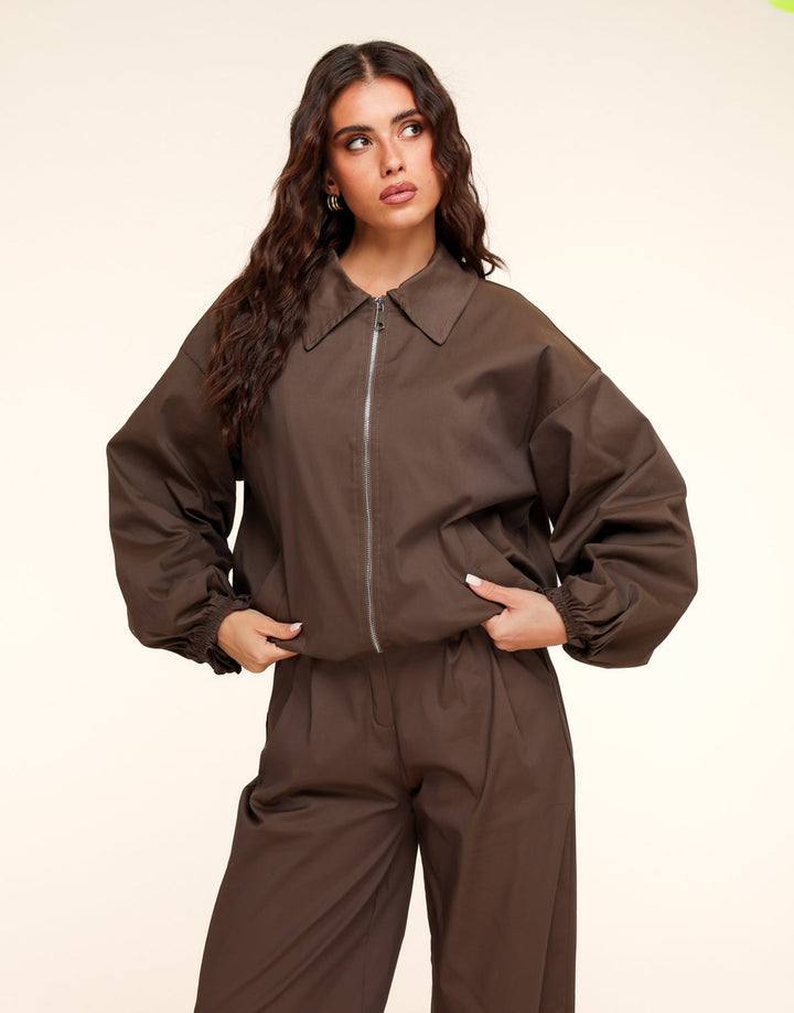 Dark Brown High Collar Bomber Jacket
