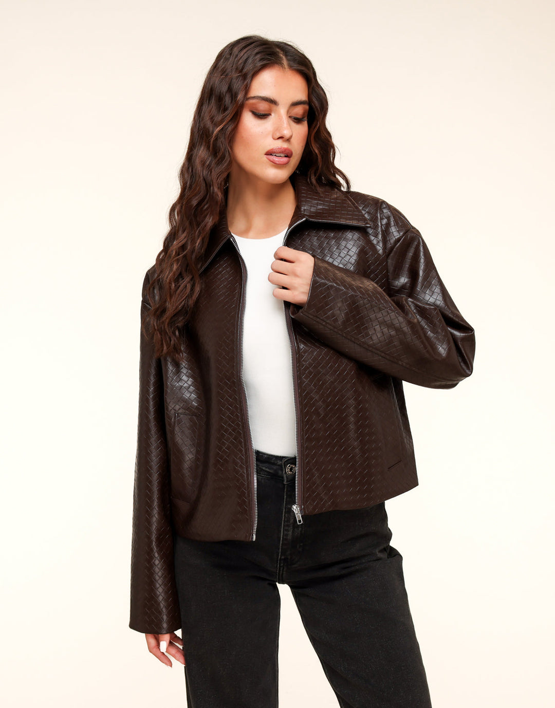 Dark Brown Pattern PU Leather Jacket