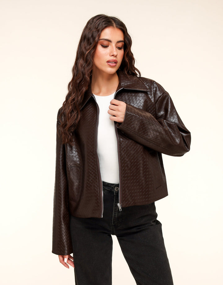 Dark Brown Pattern PU Leather Jacket