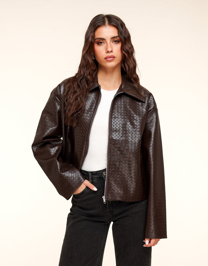 Dark Brown Pattern PU Leather Jacket