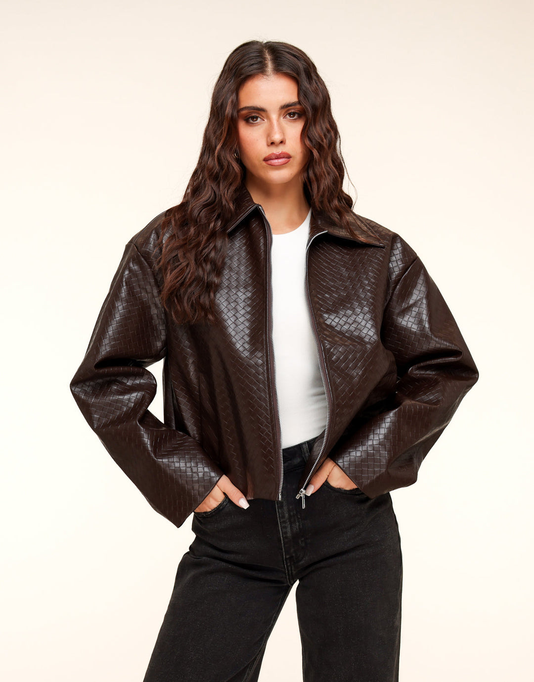 Dark Brown Pattern PU Leather Jacket