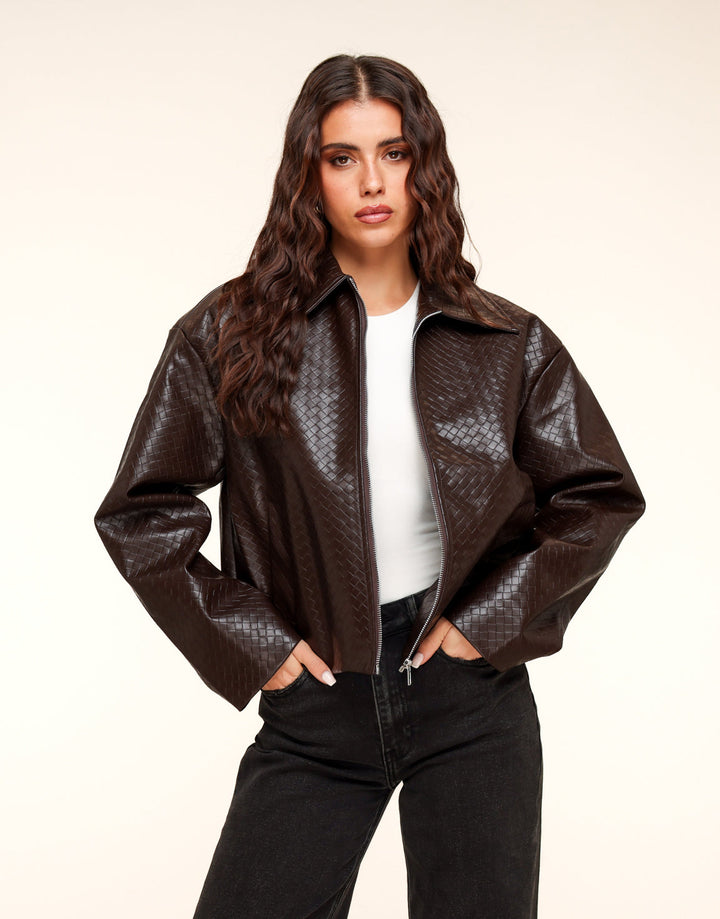 Dark Brown Pattern PU Leather Jacket
