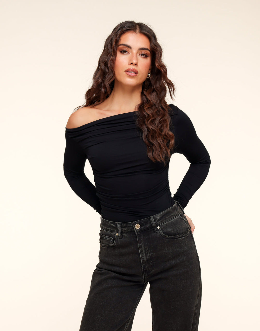 Black Draped Off Shoulder Top