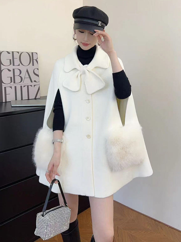 Women's Winter Cape Coat - Button Up with Fur Pocket - Bow Collar Design