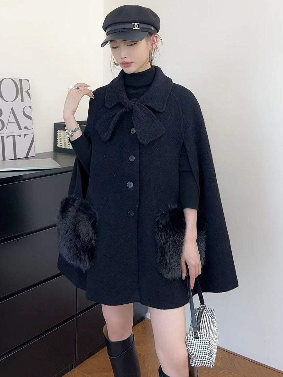 Women's Winter Cape Coat - Button Up with Fur Pocket - Bow Collar Design