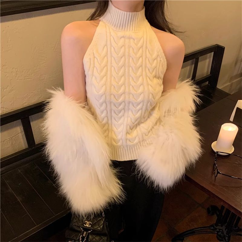 Women's Sleeveless Knit Top - High Neck - Chic Cable Pattern
