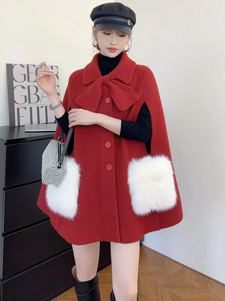 Women's Winter Cape Coat - Button Up with Fur Pocket - Bow Collar Design