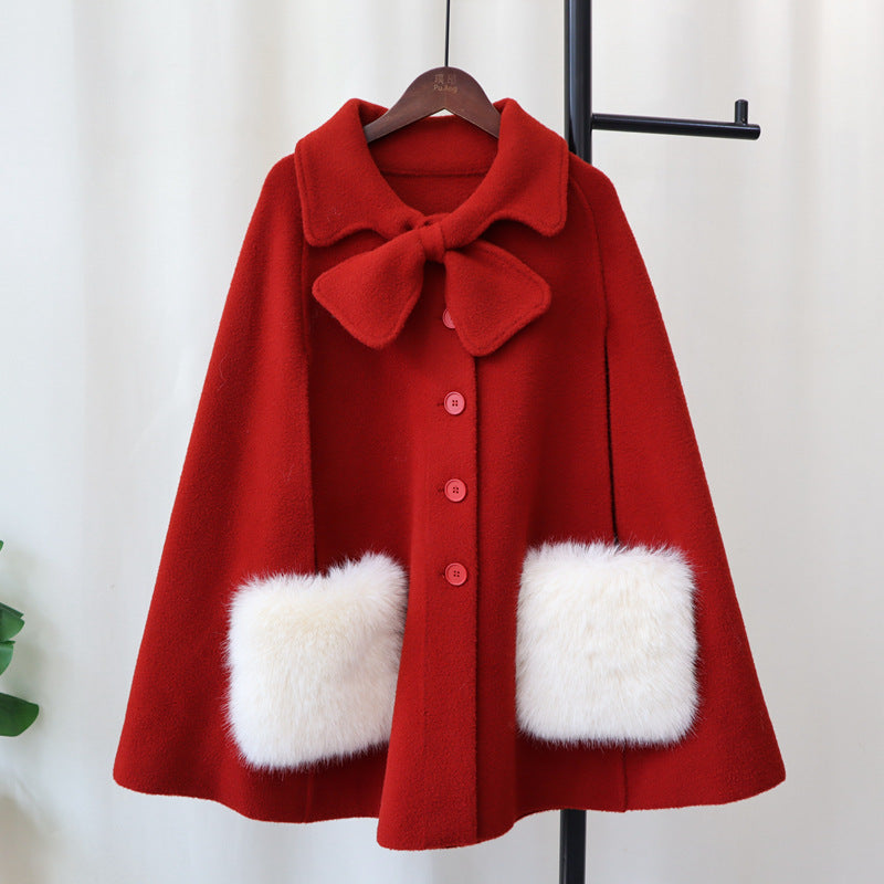 Women's Winter Cape Coat - Button Up with Fur Pocket - Bow Collar Design